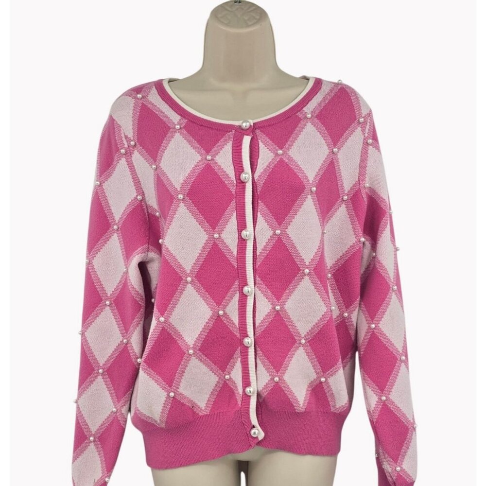 Nanette Lepore Womens Medium Pink Argyle Pearl Button Cardigan Sweater